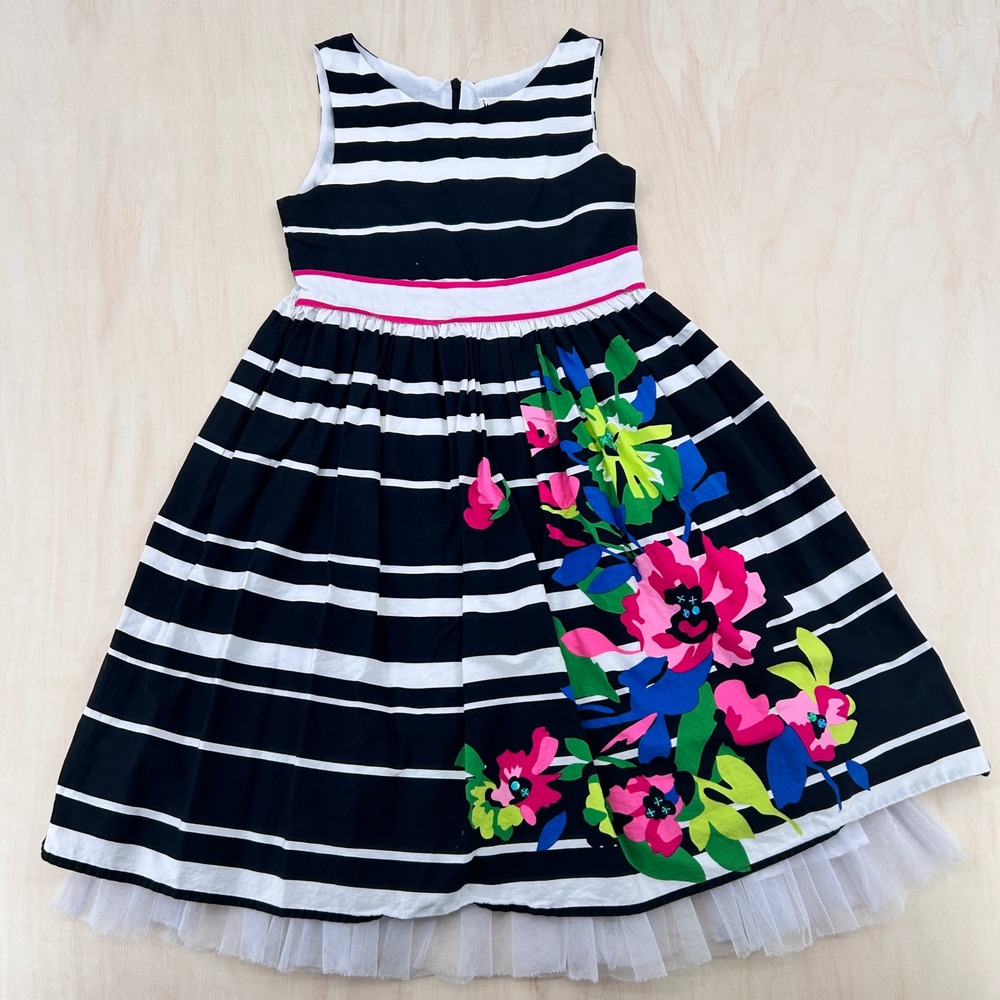 Girls Modern Floral Stripe Party Dress Black White Pink Tulle Emily West Size 10